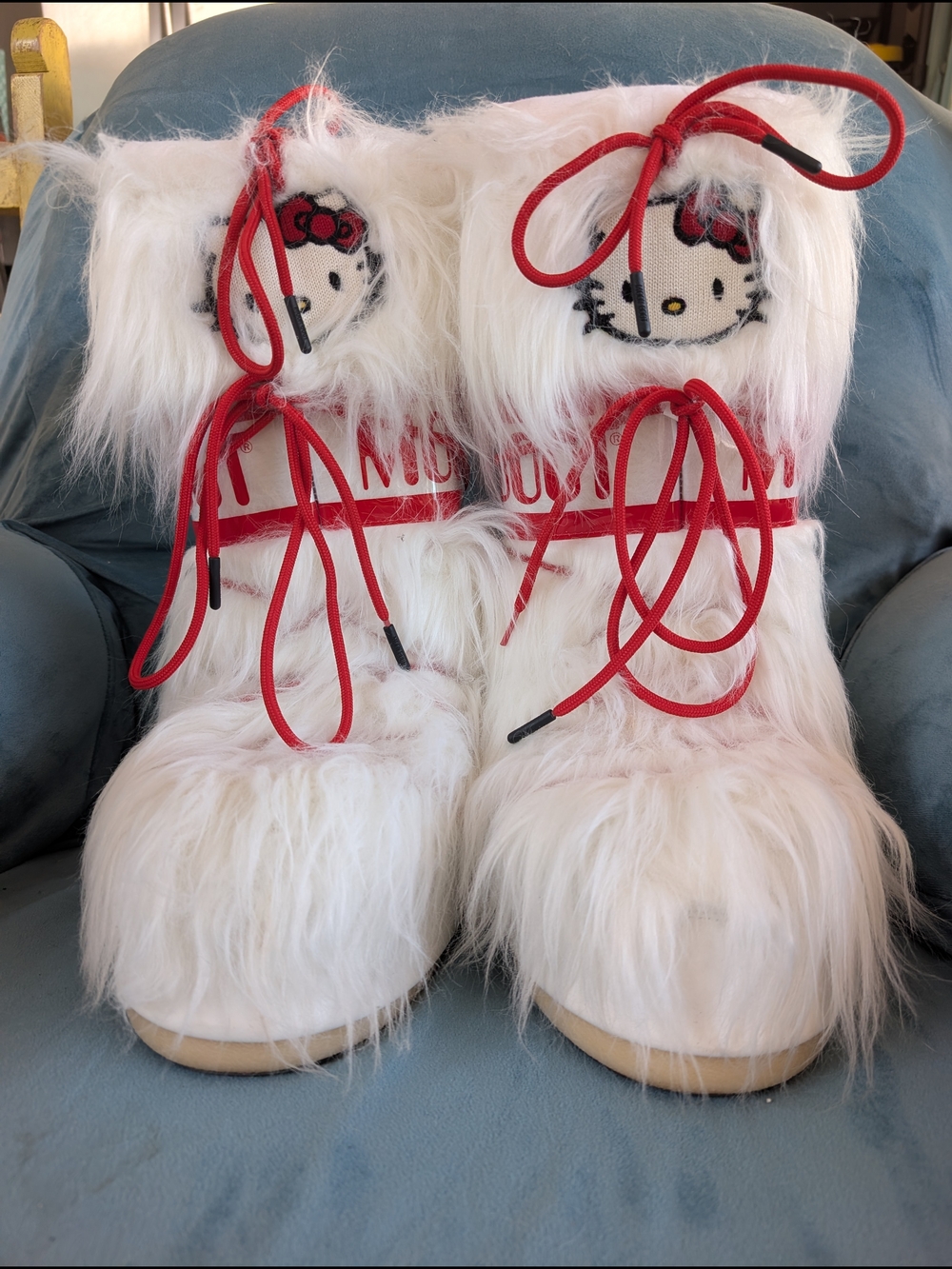 GCDS MoonBoot Hello Kitty Collab White Faux Fur Boots with Red Accents